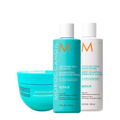 Kit Moroccanoil Reparador de Umidade Shampoo Condicionador e Smoothing Máscara Capilar (3 produtos)
