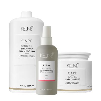Kit Keune Care Satin Oil Shampoo Litro Máscara G e Style Instant Blowout 200ml Nº37 (3 produtos)
