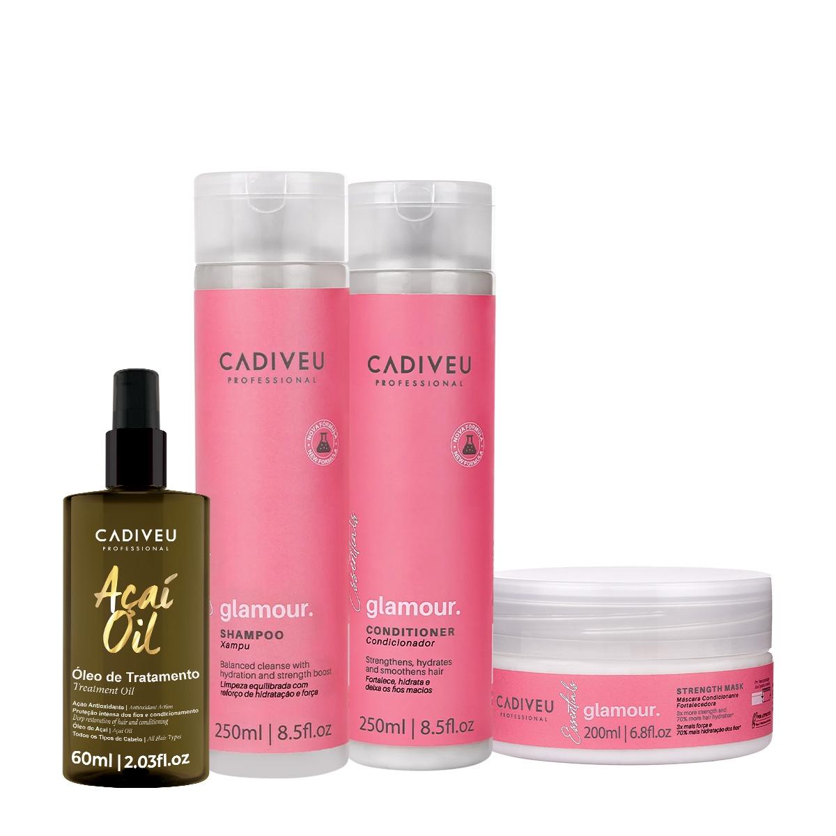 Kit Cadiveu Profissional Essentials Glamour Shampoo Condicionador Máscara e Açaí Oil 60 (4 produtos) - 1