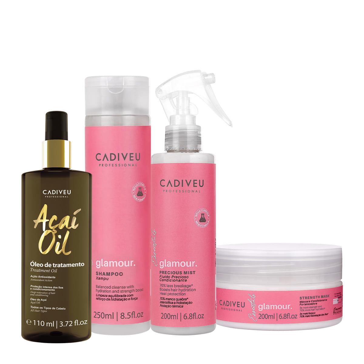Kit Cadiveu Profissional Essentials Glamour Shampoo Fluído Máscara e Açaí Oil 110 (4 produtos) - 1