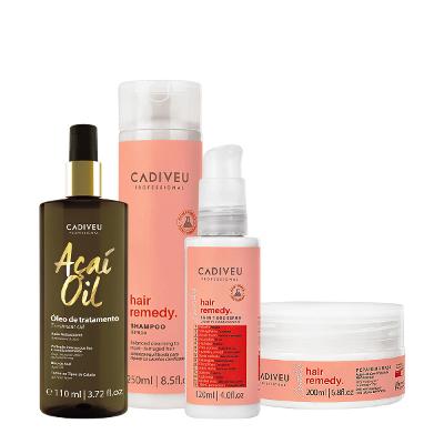 Kit Cadiveu Essentials Hair Remedy Shampoo Máscara Leave-in Sérum e Açaí Oil 110 (4 produtos)