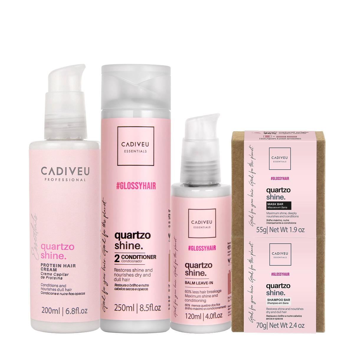 Kit Cadiveu Professional Essentials Quartzo Shine Shampoo em Barra Condicionador Máscara em Barra Pré Shampoo e Leave-in - 1
