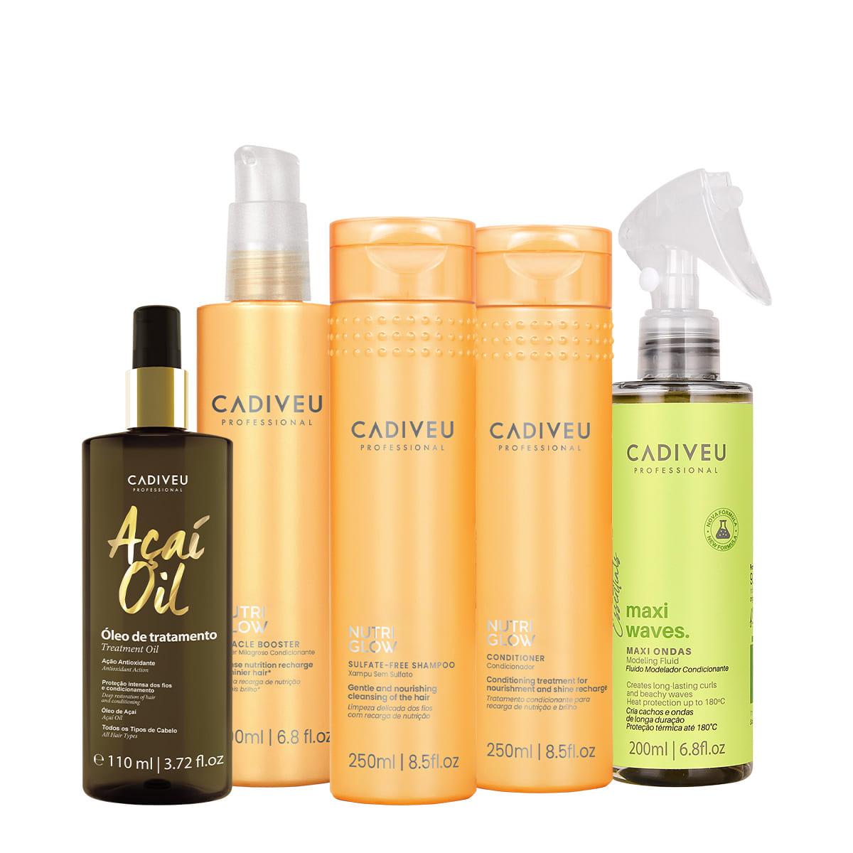 Kit Cadiveu Professional Nutri Glow Shampoo Condicionador Maxi Ondas Booster Pré Shampoo e Açaí Oil 110 (5 produtos) - 1