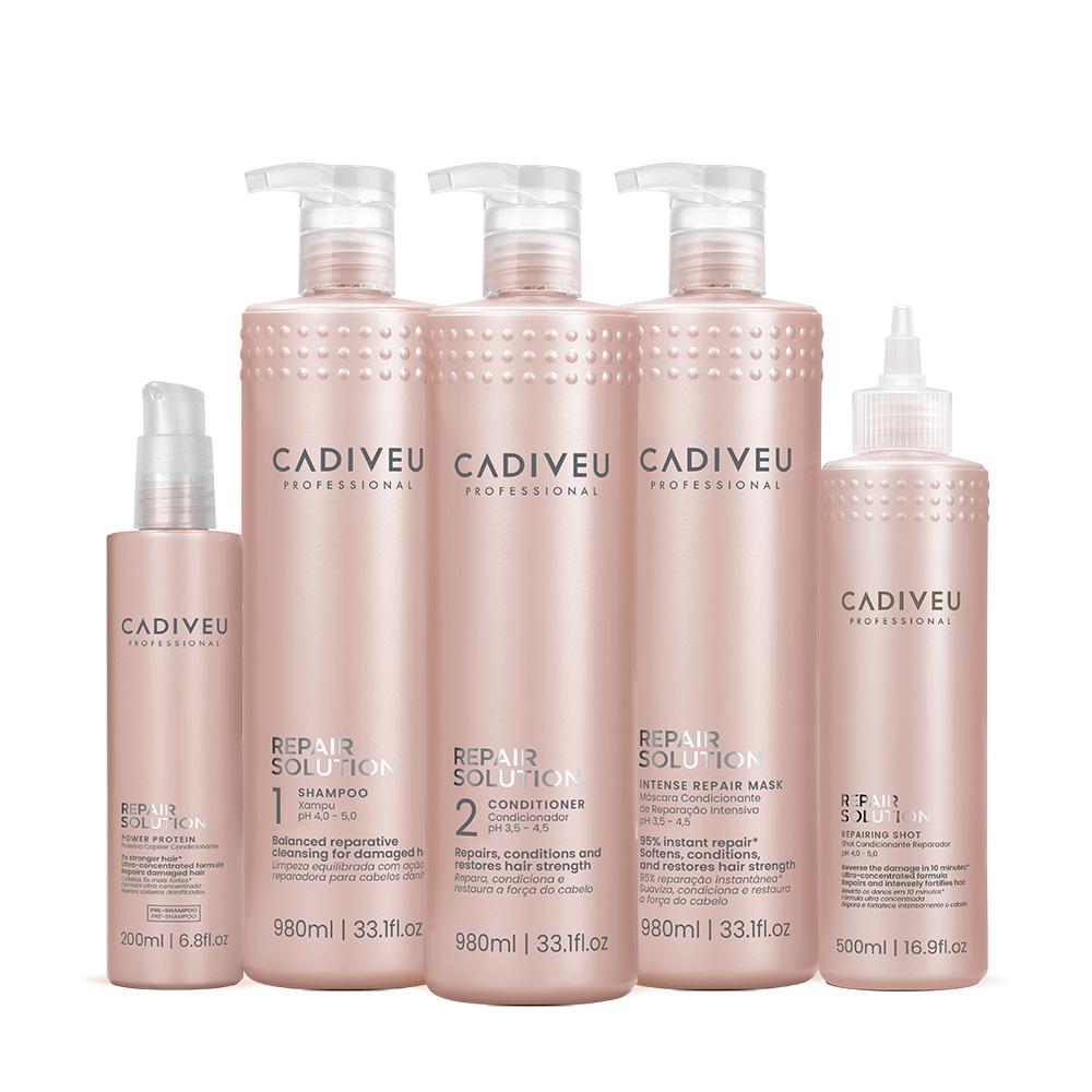 Kit Cadiveu Repair Solution Shampoo Sem Sulfato Condicionador  Máscara Litro Shot e Proteína (5 produtos) - 1