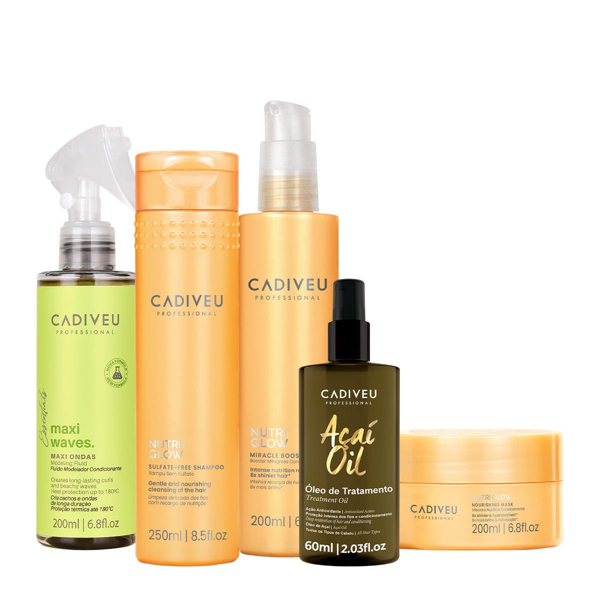 Kit Cadiveu Professional Nutri Glow Shampoo Máscara Maxi Ondas Booster Fluído de Tratamento e Açaí Oil 60 (5 produtos) - 1