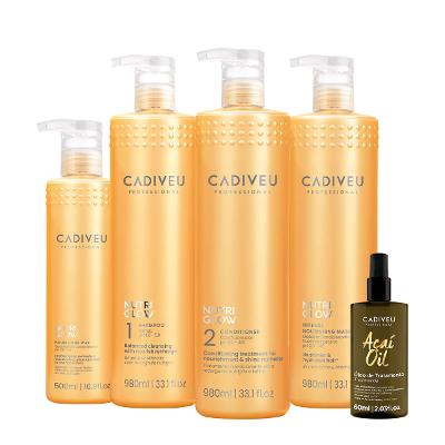 Kit Cadiveu Professional Nutri Glow  Shampoo Condicionador Máscara Cera G e Açaí Oil 60 (5 produtos)