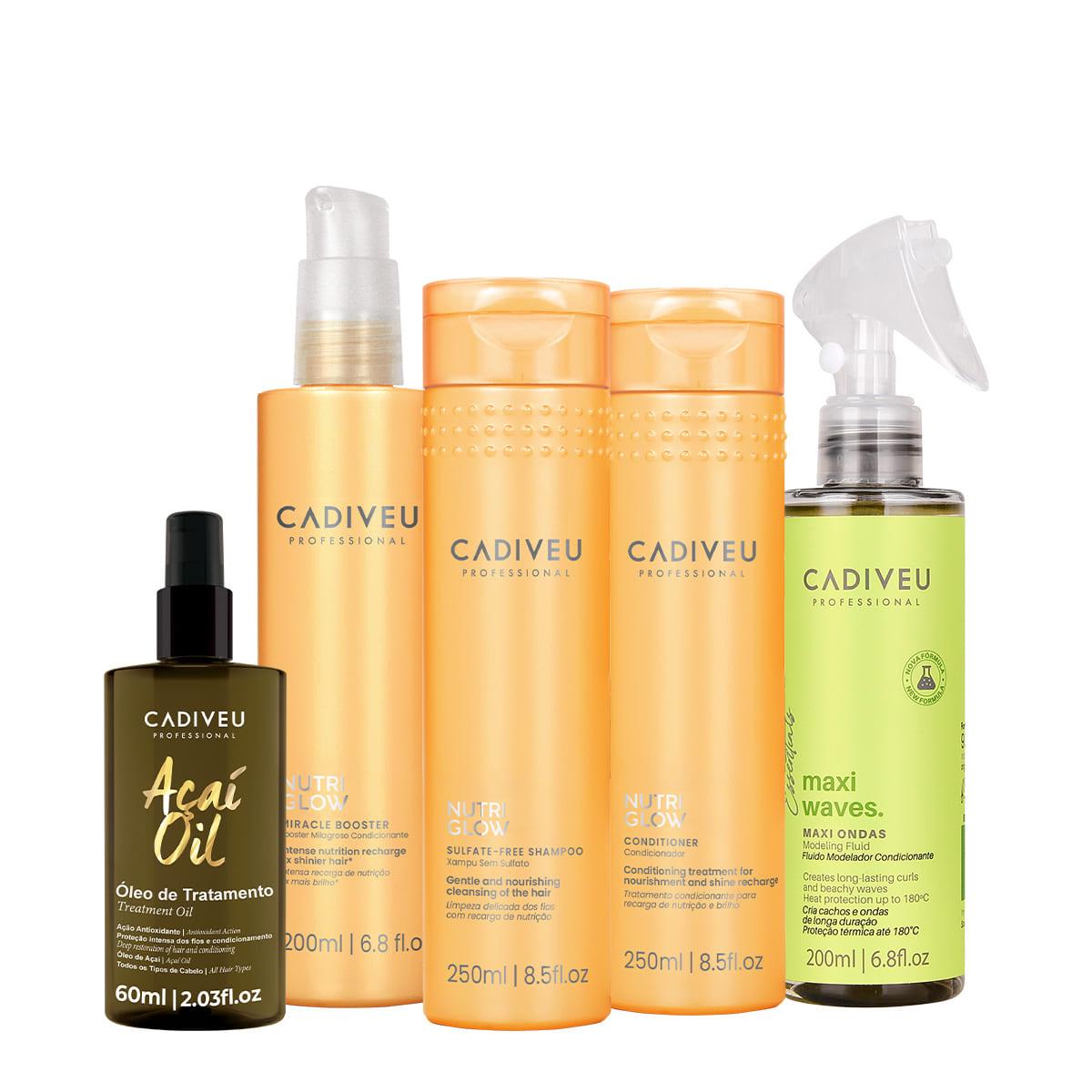 Kit Cadiveu Professional Nutri Glow Shampoo Condicionador Maxi Ondas Booster Pré Shampoo e Açaí Oil 60 (5 produtos) - 1