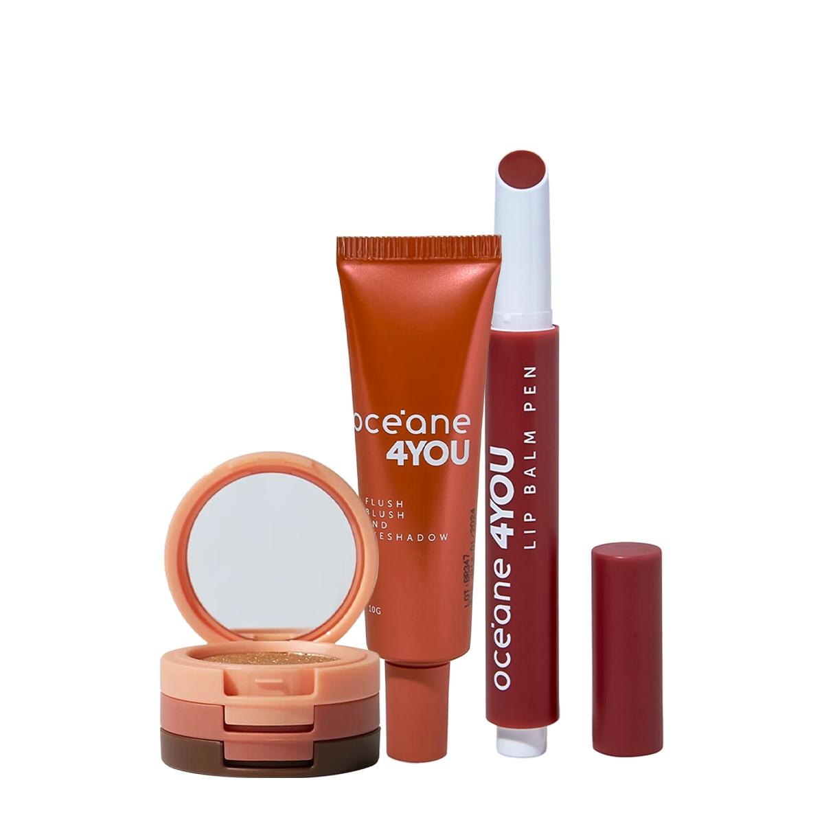 Kit Océane 4you Trio de Sombras Cooper Shine Hidratante Labial Berry e Blush Líquido Laranja (3 Produtos) - 1