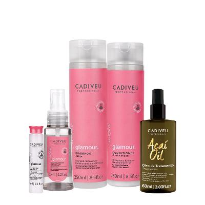 Kit Cadiveu Professional Essentials Glamour Shampoo Condicionador Ampola Sérum e Açaí Oil 60 (5 produtos)