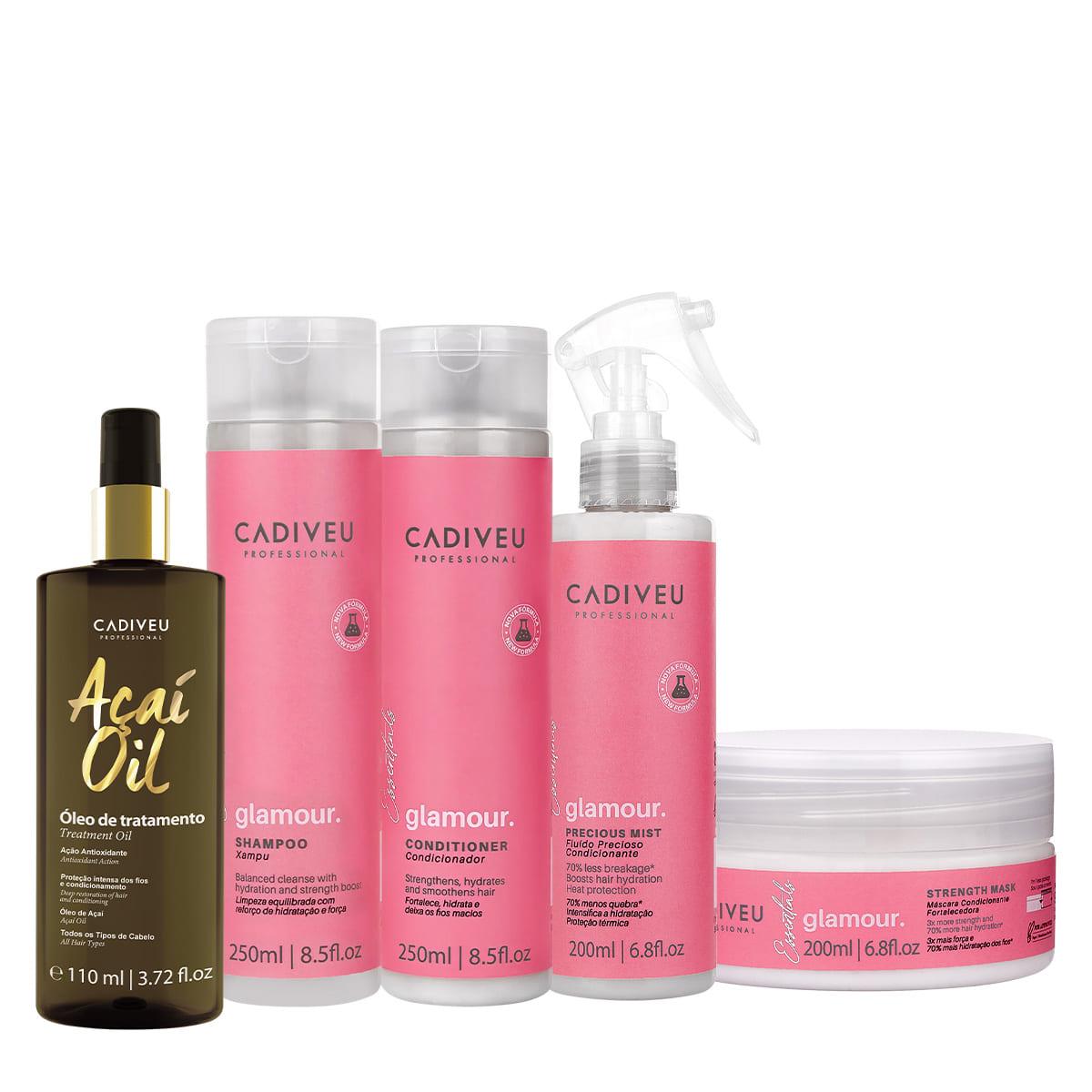Kit Cadiveu Profissional Essentials Glamour Shampoo Condicionador Máscara Fluído e Açaí Oil 110 (5 produtos) - 1