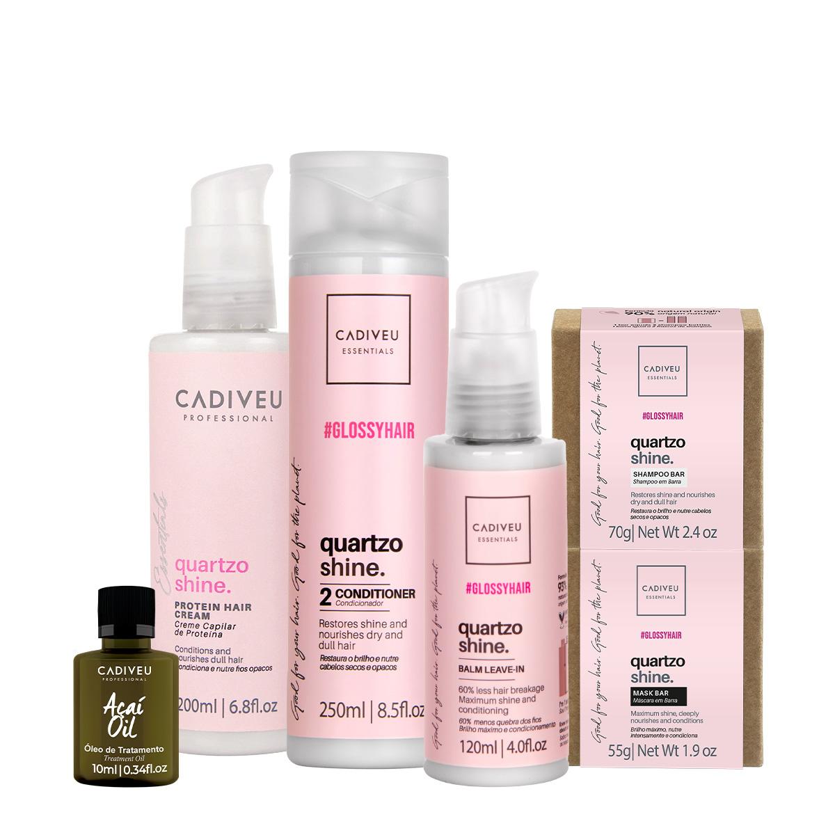 Kit Cadiveu Professional Essentials Quartzo Shine Shampoo Barra Condicionador Máscara Barra Pré-Shampoo Leave-in e Açaí - 1