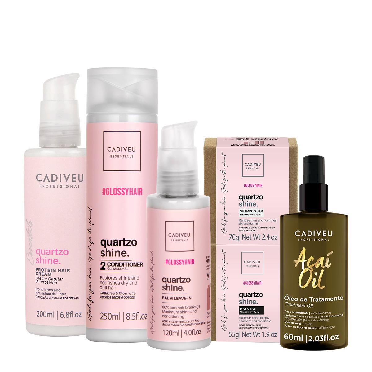 Kit Cadiveu Professional Essentials Quartzo Shine Shampoo Barra Condicionador Máscara Barra Pré-Shampoo Leave-in e Açaí - 1