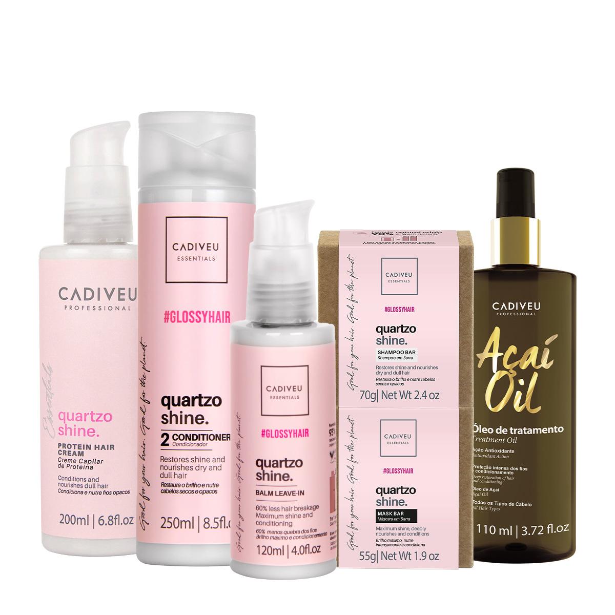 Kit Cadiveu Professional Essentials Quartzo Shine Shampoo Barra Condicionador Máscara Barra Pré-Shampoo Leave-in e Açaí - 1