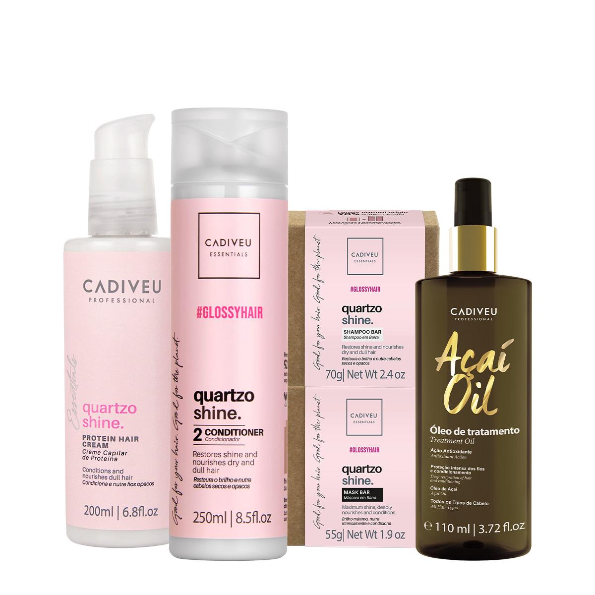 Kit Cadiveu Professional Essentials Quartzo Shine Shampoo Barra Condicionador Máscara Barra Pré-Shampoo e Açaí Oil 110 - 1