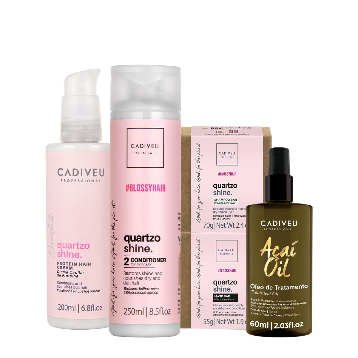 Kit Cadiveu Professional Essentials Quartzo Shine Shampoo Barra Condicionador Máscara Barra Pré-Shampoo e Açaí Oil 60 (5 - 1