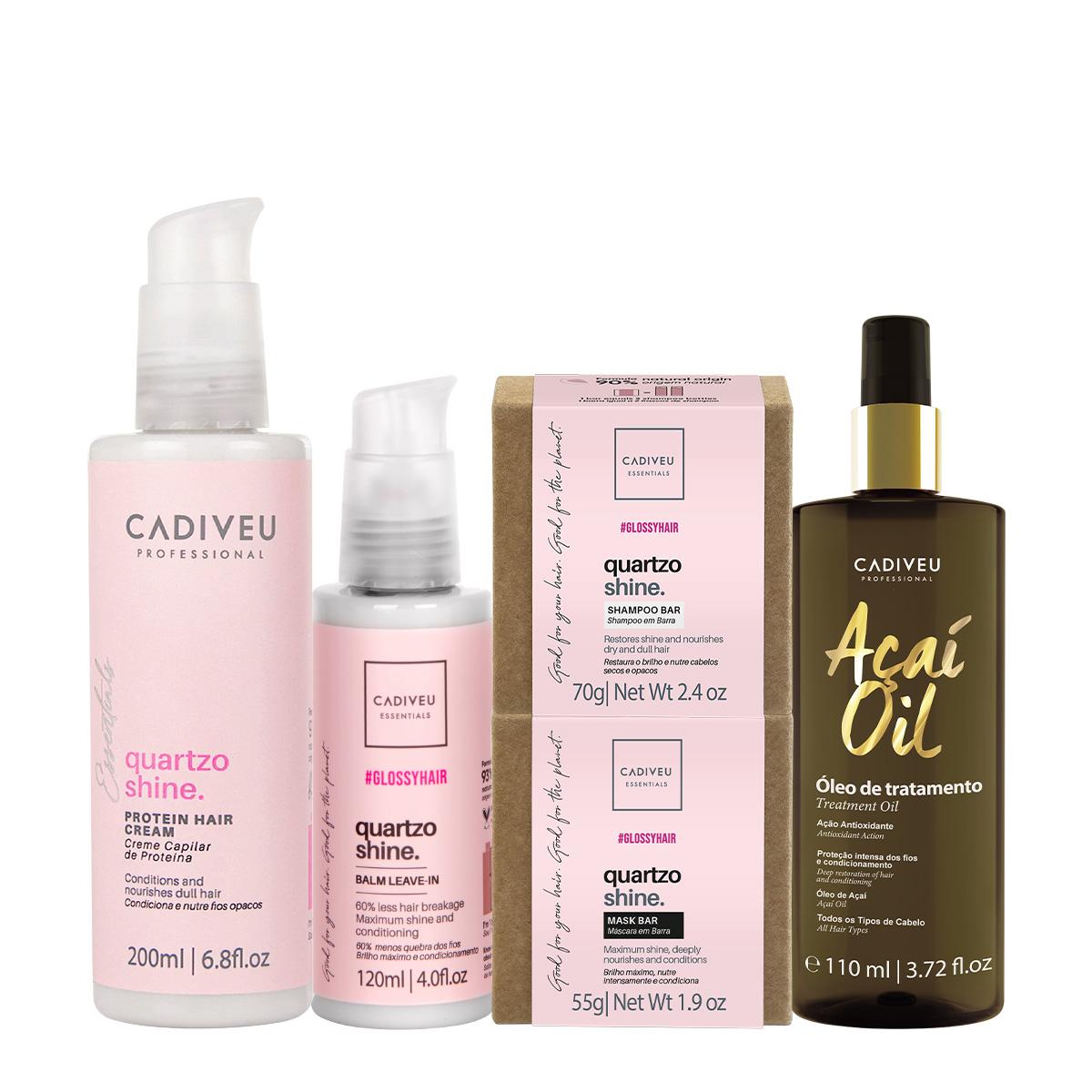 Kit Cadiveu Professional Essentials Quartzo Shine Shampoo Máscara em Barra Pré-Shampoo Leave-in e Açaí Oil 110 (5 produt - 1