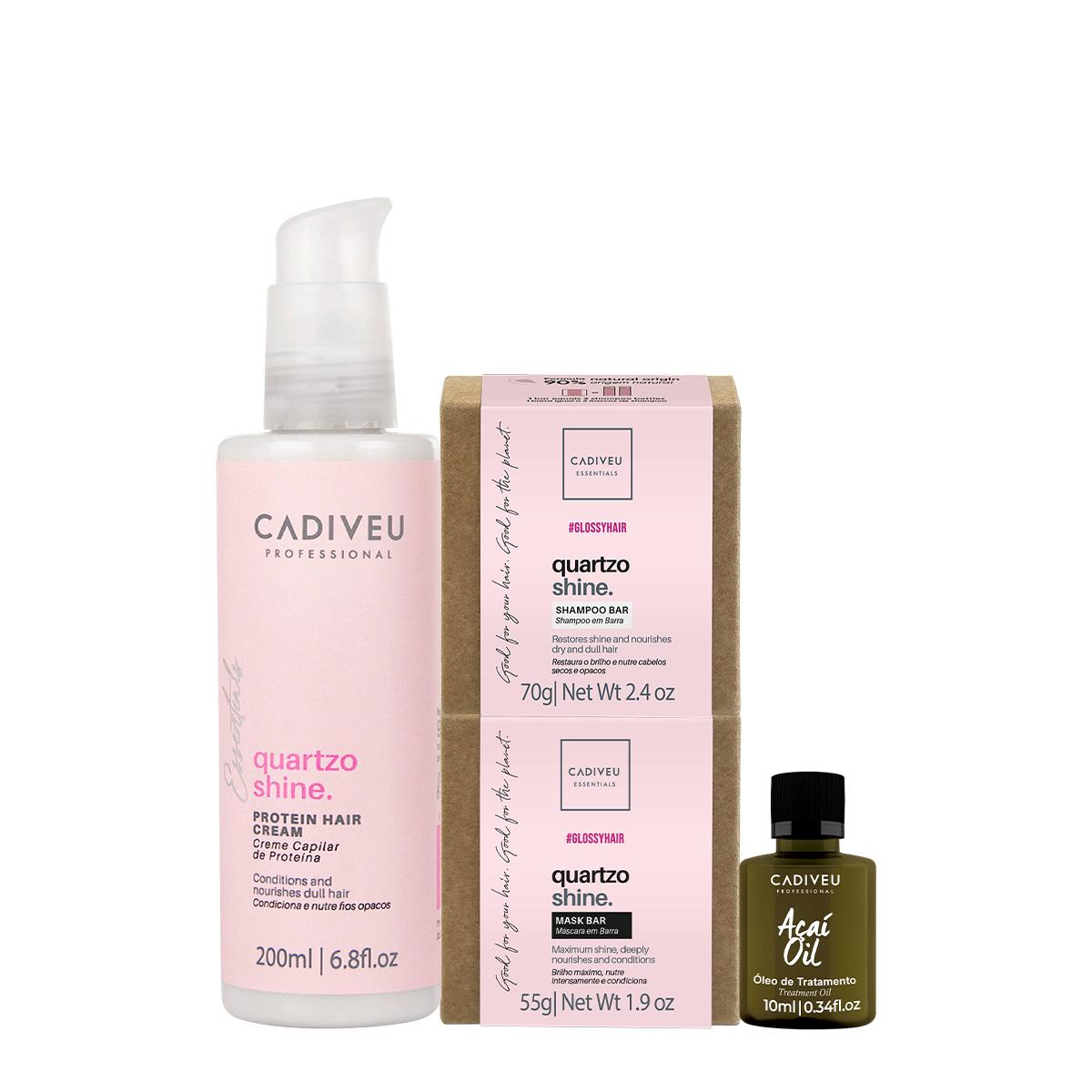 Kit Cadiveu Professional Essentials Quartzo Shine Shampoo Máscara em Barra Pré-Shampoo e Açaí Oil (4 produtos) - 1