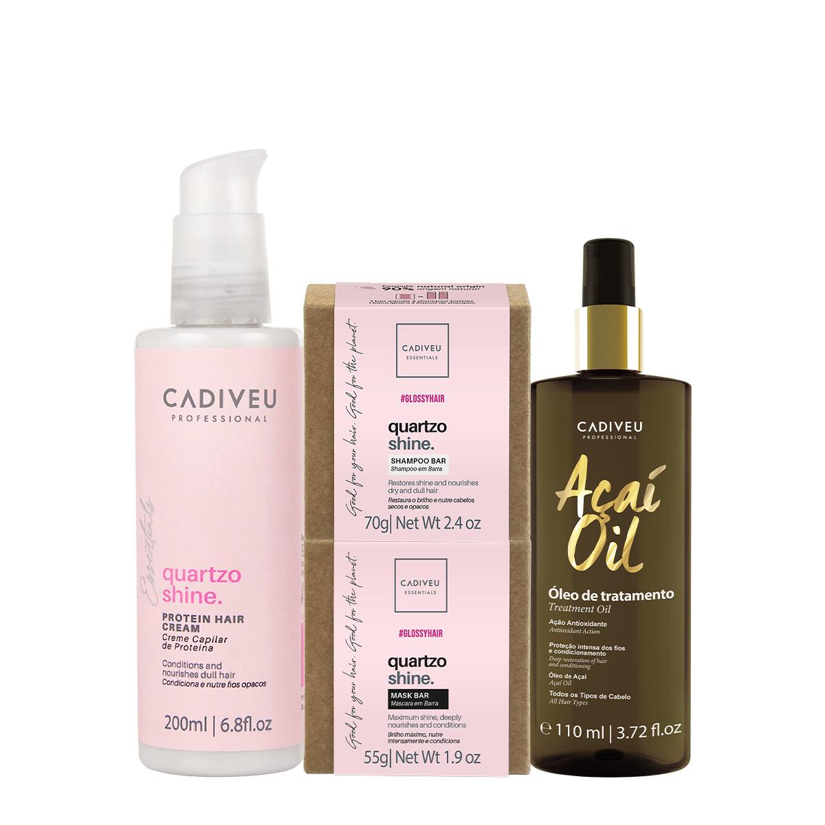 Kit Cadiveu Professional Essentials Quartzo Shine Shampoo Máscara em Barra Pré-Shampoo e Açaí Oil 110 (4 produtos) - 1