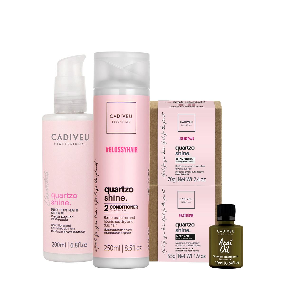 Kit Cadiveu Professional Essentials Quartzo Shine Shampoo em Barra Condicionador Máscara em Barra Pré-Shampoo e Açaí Oil - 1