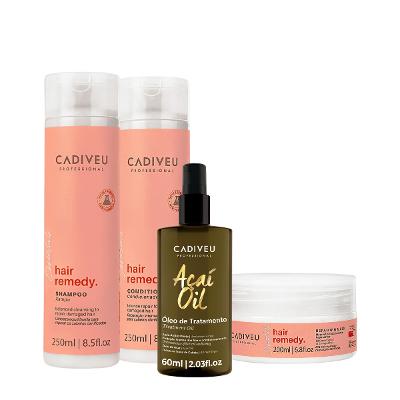 Kit Cadiveu Essentials Hair Remedy Shampoo Condicionador Máscara e Açaí Oil 60 (4 produtos)