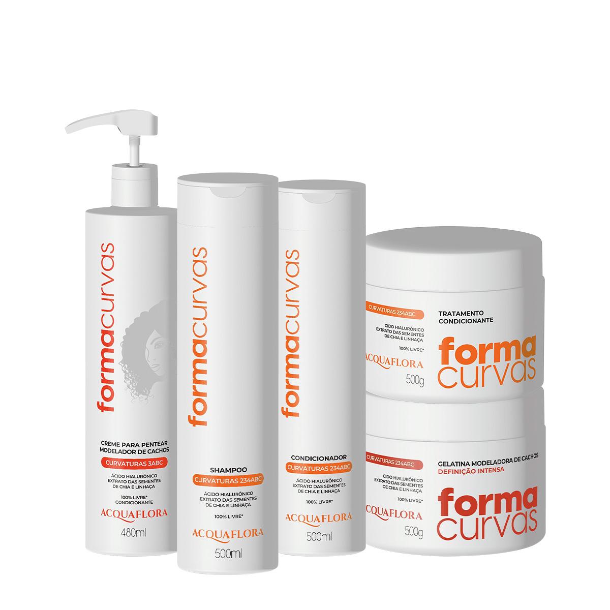 Kit Acquaflora Forma Curvas Shampoo Condicionador Tratamento Condicionante Creme de Pentear Cachos e Gelatina Intensa (5 - 1
