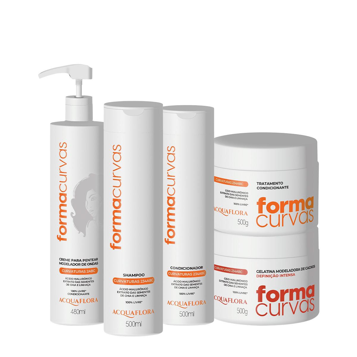 Kit Acquaflora Forma Curvas Shampoo Condicionador Tratamento Condicionante Creme de Pentear Ondas e Gelatina Intensa (5 - 1
