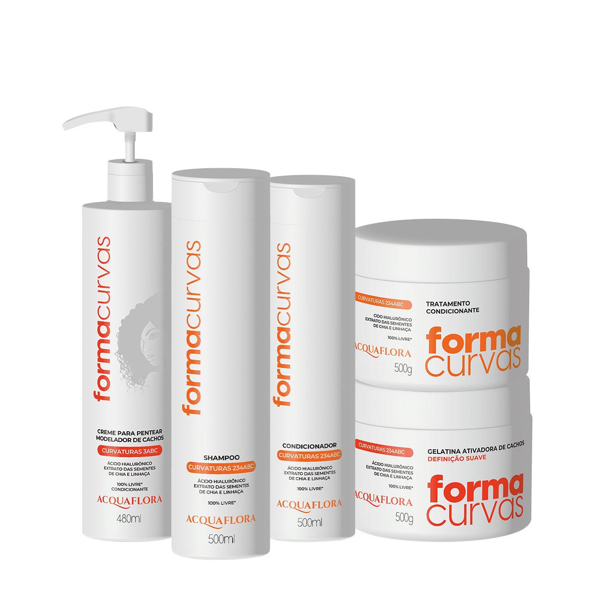 Kit Acquaflora Forma Curvas Shampoo Condicionador Tratamento Condicionante Creme de Pentear Cachos e Gelatina Suave (5 p - 1