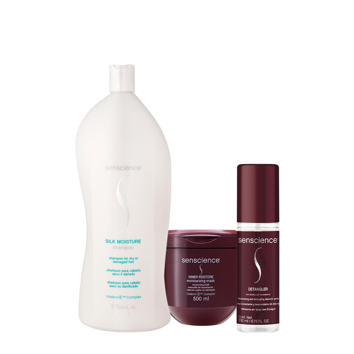 Kit Senscience Silk Moisture Inner Detangler Shampoo Máscara Leave-in (3 produtos) - 1