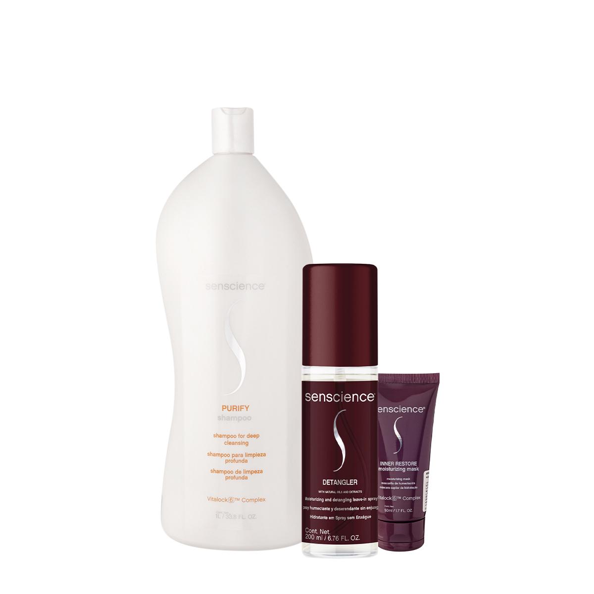Kit Senscience Purify Shampoo Inner Restore Máscara Detangler Leave-in (3 produtos) - 1