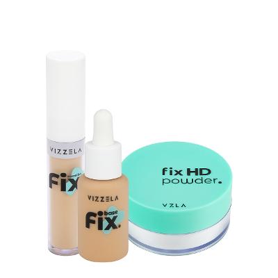 Kit Vizzela Fix HD Powder Cor 4 Base Corretivo Pó Translúcido (3 produtos)