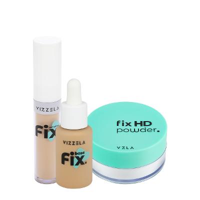 Kit Vizzela Fix HD Powder Cor 5 Base Corretivo Pó Translúcido (3 produtos)