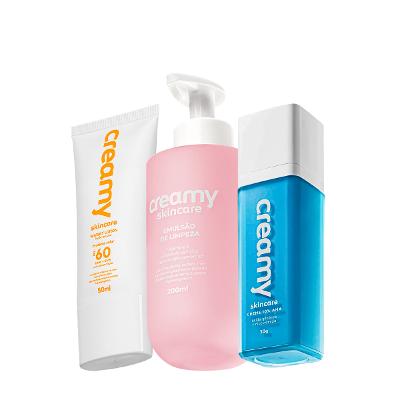 Kit Creamy Skincare Emulsão de Limpeza Glicólico FPS60 Protetor Solar (3 produtos)