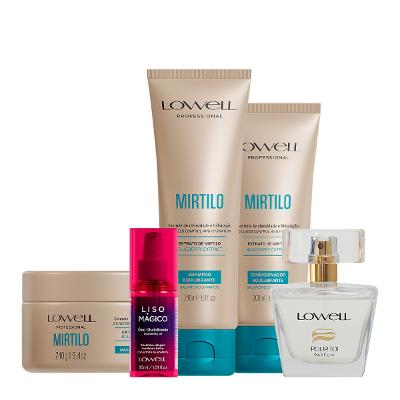 Kit Lowell Extrato de Mirtilo Shampoo Condicionador Máscara Liso Magico Óleo e Pour Toi Parfum Cabelo e Corpo (5 produto