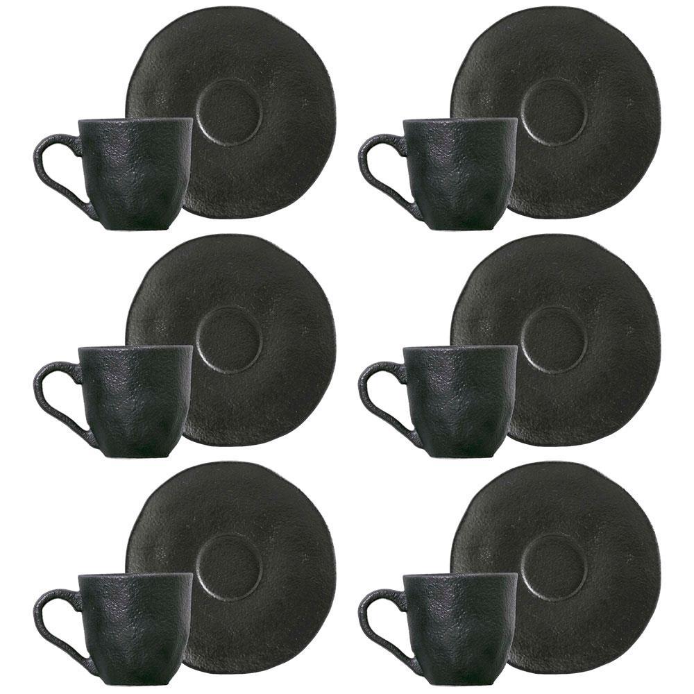 Conjunto com 6 Xícaras e Pires para Café Porto Brasil Carbon em Stoneware Preto - 120 ml - 1