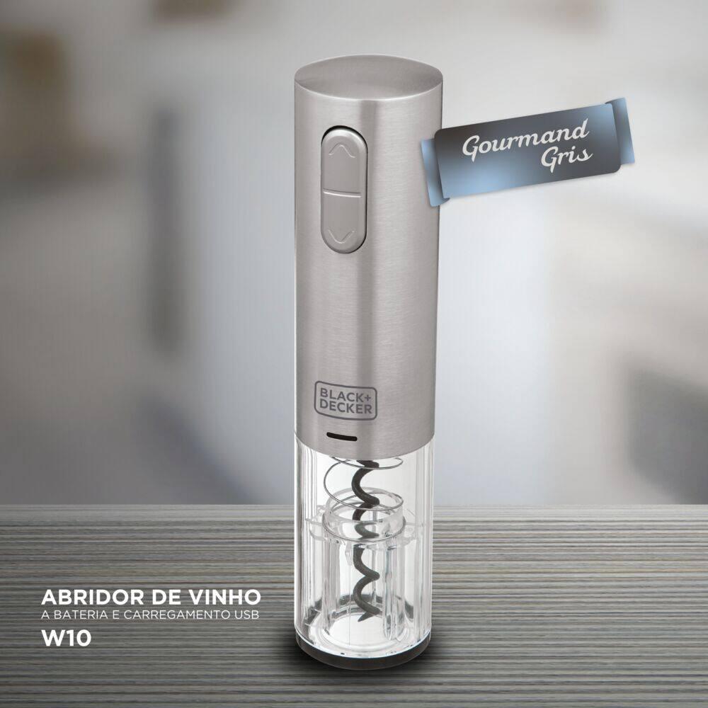 Abridor de Vinho à Bateria Black Decker Gourmand Gris W10, Saca Rolhas com Carregamento USB - Inox - 6