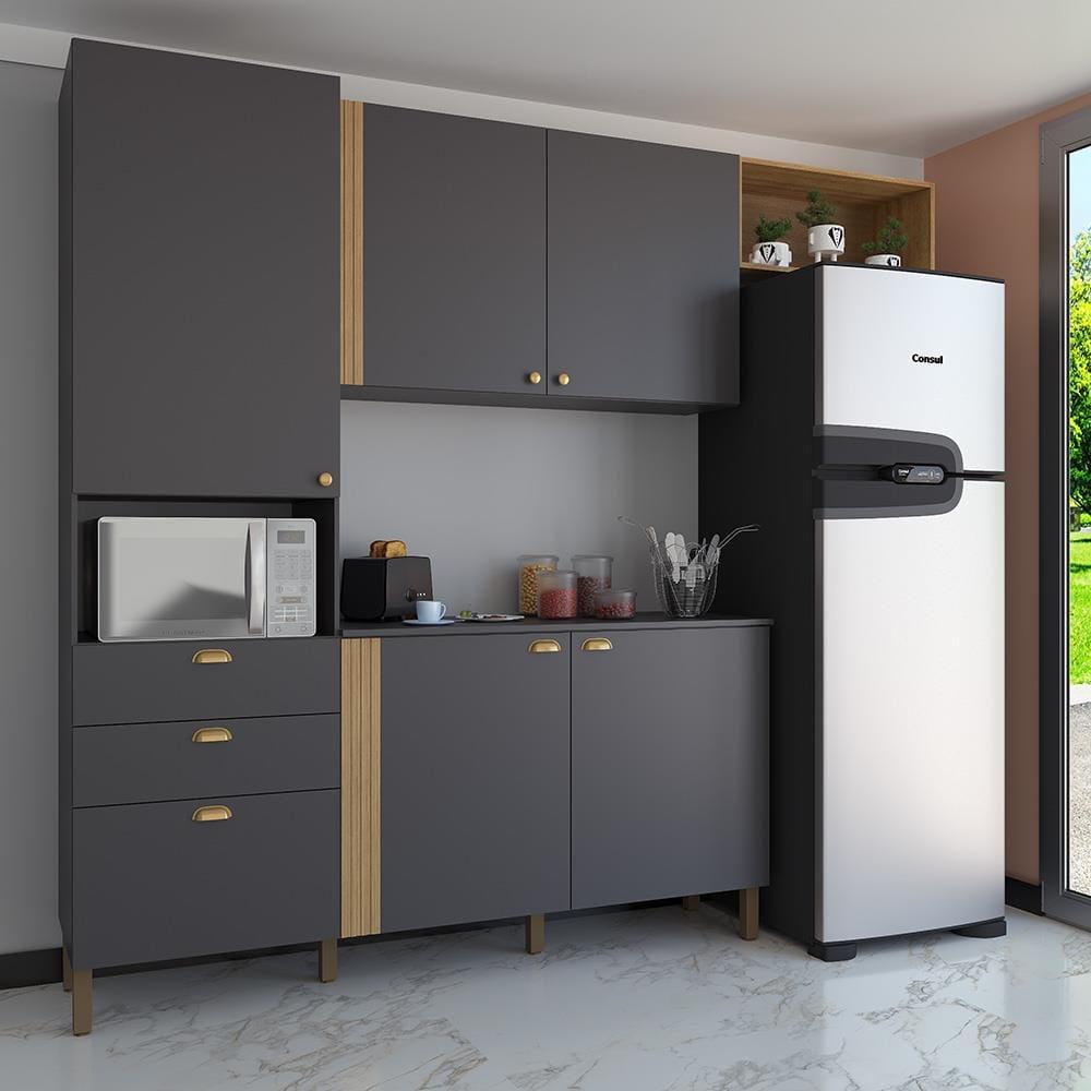 Cozinha Compacta Bartira Pérola com 5 Portas, 2 Gavetas, 1 Gavetão e 4 Prateleiras - 251cm de largura - 1