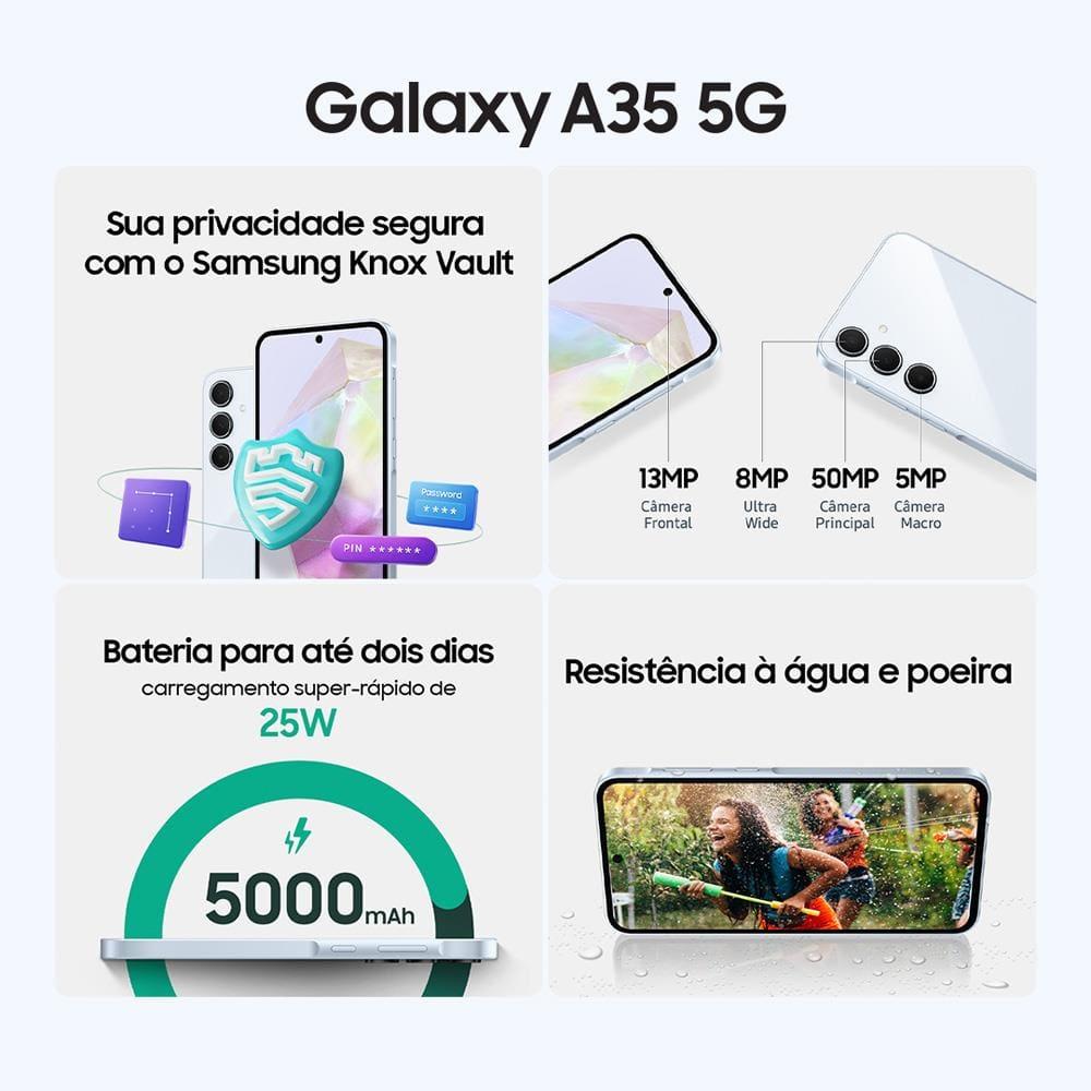 Smartphone Samsung Galaxy A35 5G 256GB Azul Escuro 8GB RAM Câmera Tripla Traseira de até 50MP Selfie de 13MP Tela super AMOLED de 6.6” - 8