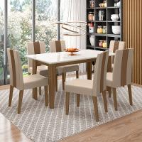 Mesa de Jantar Retangular Poliman Goya com Tampo de Vidro e 6 Cadeiras Revestidas em Suede - 1