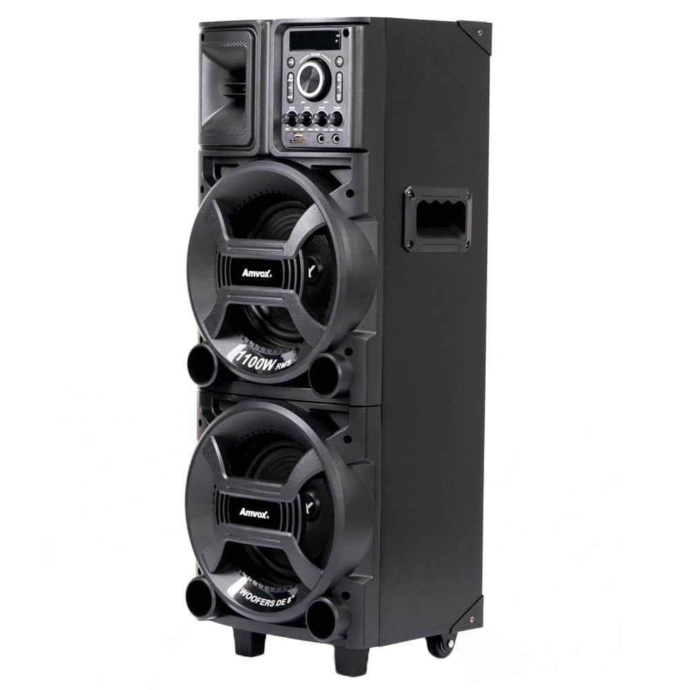 Torre de Som Amvox Duplo 8 Black ACA1101 com Luz de LED, 2 Woofers de 8", Bluetooth, Entradas UBS SD e Microfones - 1100W - 2