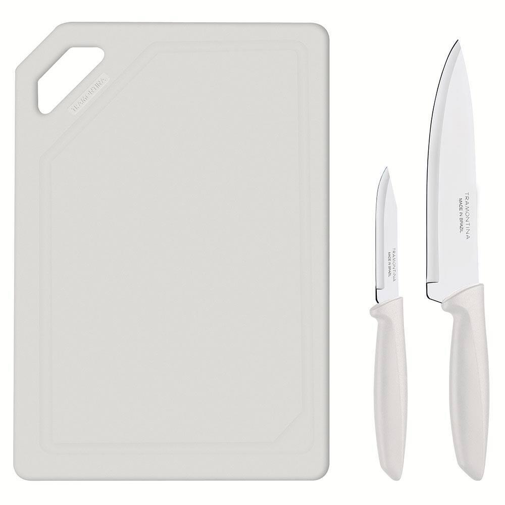 Conjunto de Facas e Tábua de Corte Tramontina Plenus em Aço Inoxidável - Off-White - 3 Peças - 2