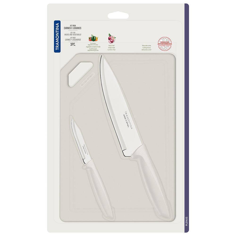 Conjunto de Facas e Tábua de Corte Tramontina Plenus em Aço Inoxidável - Off-White - 3 Peças - 3