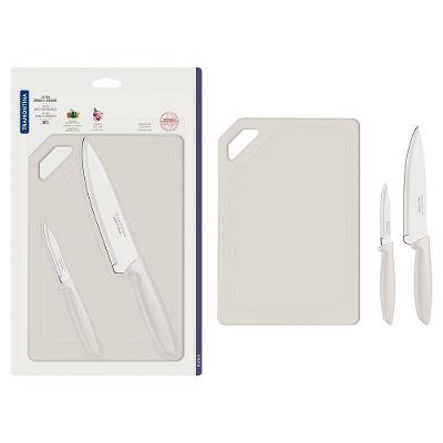 Conjunto de Facas e Tábua de Corte Tramontina Plenus em Aço Inoxidável - Off-White - 3 Peças