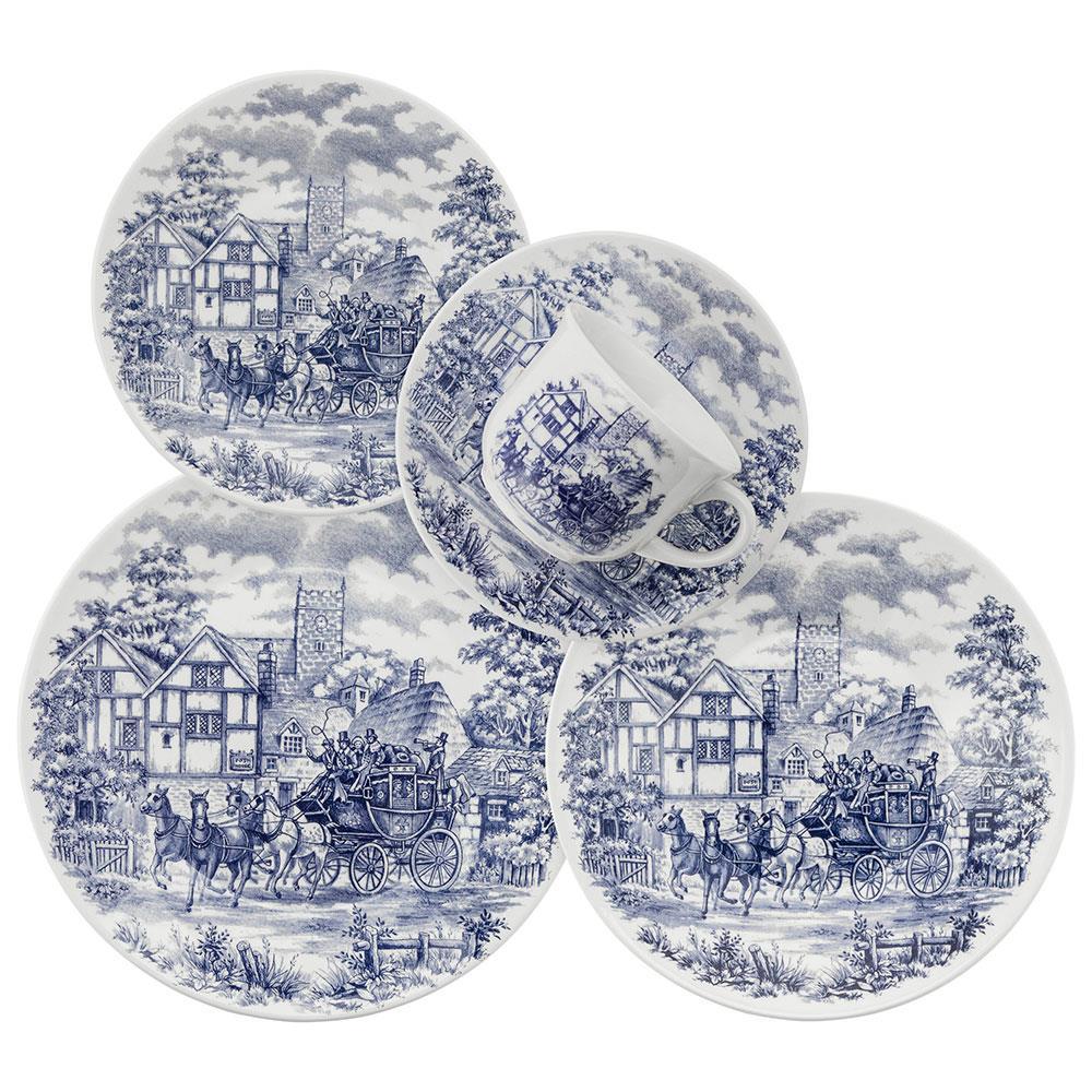 Aparelho de Jantar 20 Peças Oxford Biona Donna Cena Inglesa Azul e Bege em Cerâmica - 1