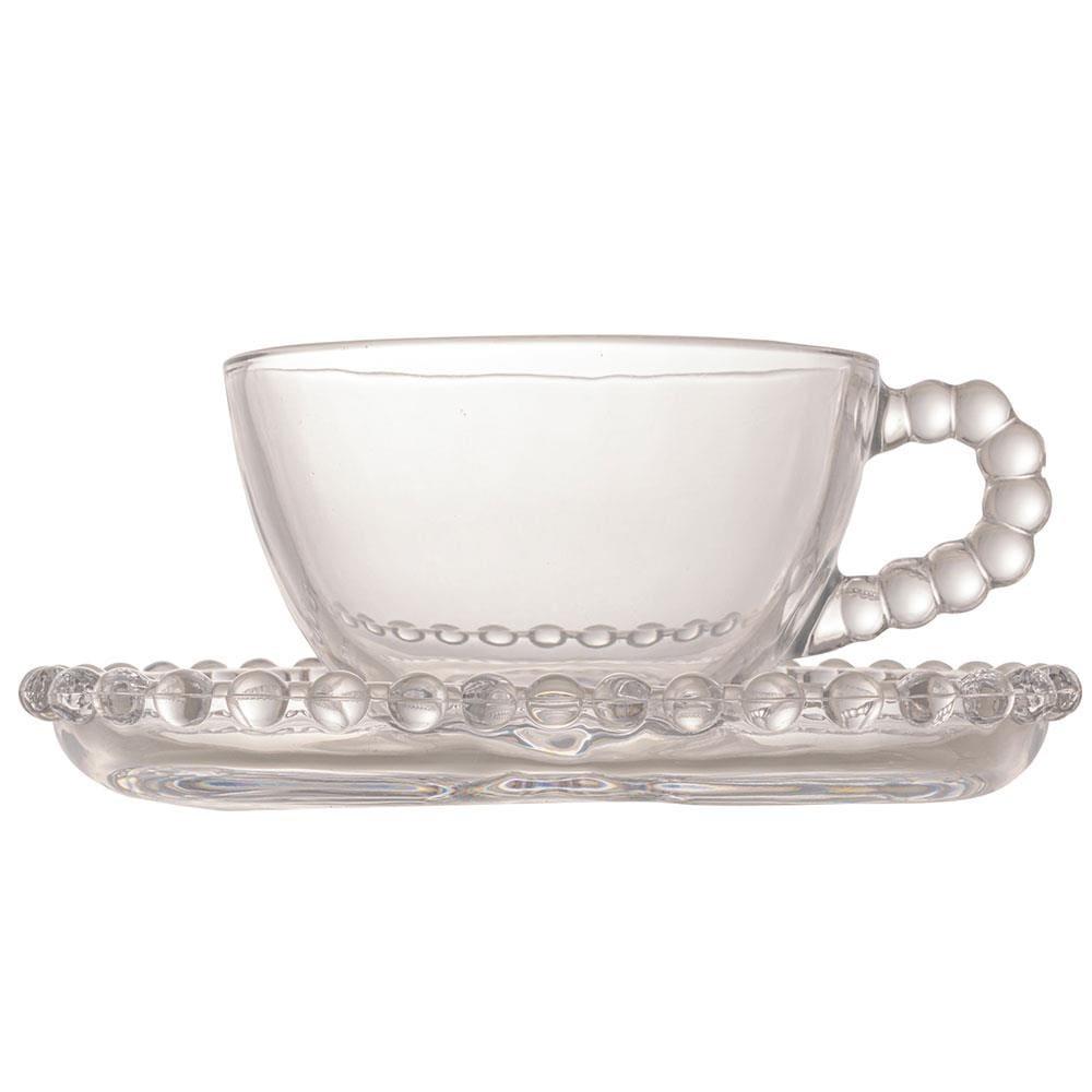 Conjunto com 4 Xícaras e Pires para Chá Wolff Pearl Coração em Cristal - 180 ml - 4