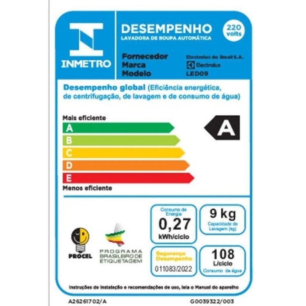 Máquina de Lavar 9kg Electrolux LED09 Efficient Care Turbo Centrifugação Branca - 10