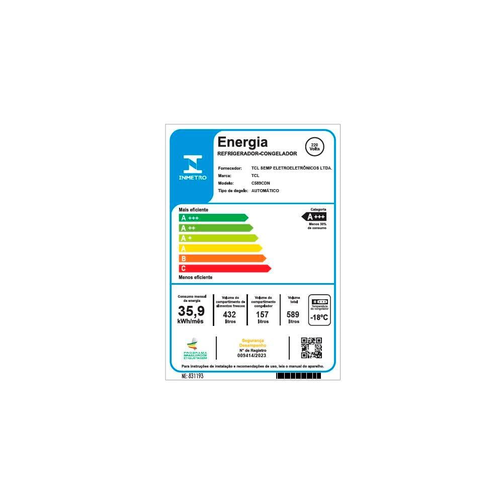Geladeira TCL Multidoor C589CDN1 Frost Free, Twin Eco Inverter, Multi-zone, Painel Digital com 4 Portas Inox - 589L - 4