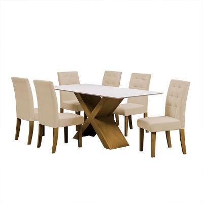 Mesa de Jantar Retangular Dobuê Dubai Light 180x90cm com 6 Cadeiras Estofadas Revestidas em Tecido Veloplus
