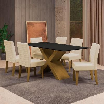 Mesa de Jantar Retangular Dobuê Creta Light 180x90cm com 6 Cadeiras Estofadas Revestidas em Tecido Veloplus