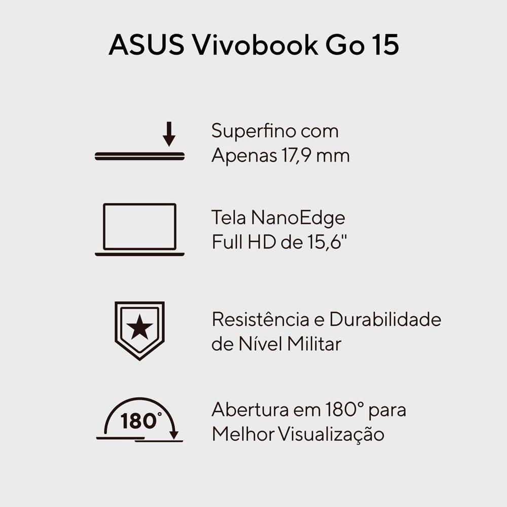 Notebook ASUS Vivobook Go 15 Intel Core i3 N305 8GB RAM 256GB SSD Tela LED Full HD 15,6” Windows 11 Home - E1504GA-NJ434W - 2