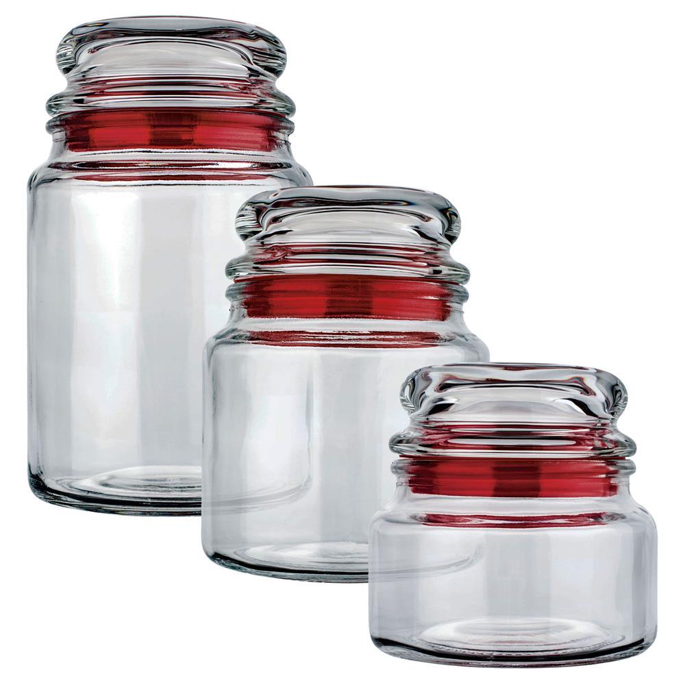 Conjunto de Potes Multiuso Euro Home Transparente/Vermelho em Vidro e PVC – 3 Peças - 1